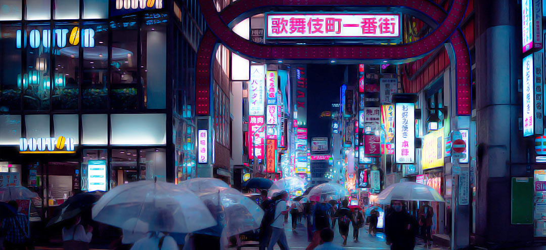 اشخاص من اليابان يمشون في الشارع اثناء الليل